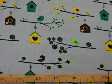 Jersey Digitaldruck Vogelhäuser Vogel auf Ast auf grau 160 cm