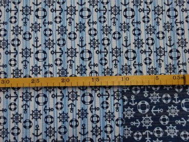 Dekostoff Gobelinstoff Maritim Anker Rettungsring Steuerrad blau  weiss 140 cm breit