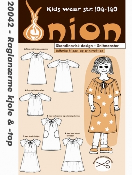 20042 Onion børnesnitmønster raglanærme kjole og top str. 104-140