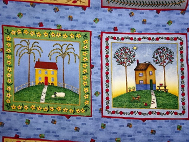 Patchworkstoff Jahreszeiten Häuser auf blau PANEL 30cm