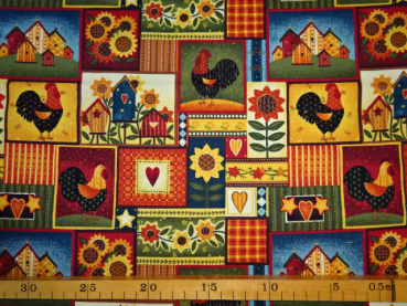 Patchworkstoff Hühner Hahn Dorfleben Blumen 110cm breit