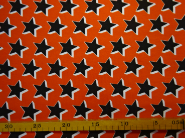 Jersey Digitaldruck schwarz weisse Sterne auf Orange 160 cm