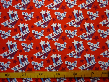 Jersey Digitaldruck Yeah cool graue Schrfit auf rot 160 cm