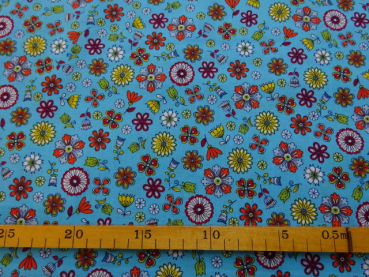 Baumwolle bunte Blumen rote Blumen gelbe Blumen auf hellblau 150 cm breit 1,60 Meter RESTSTÜCK