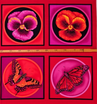 Patchworkstoff Schmetterlinge Blüten auf rot PANEL ca. 59cm