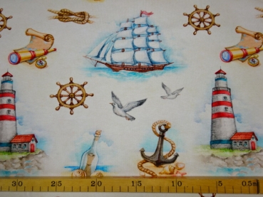 Jersey Digitaldruck maritimes Leben Anker Schiffe Möwen Leuchtturm