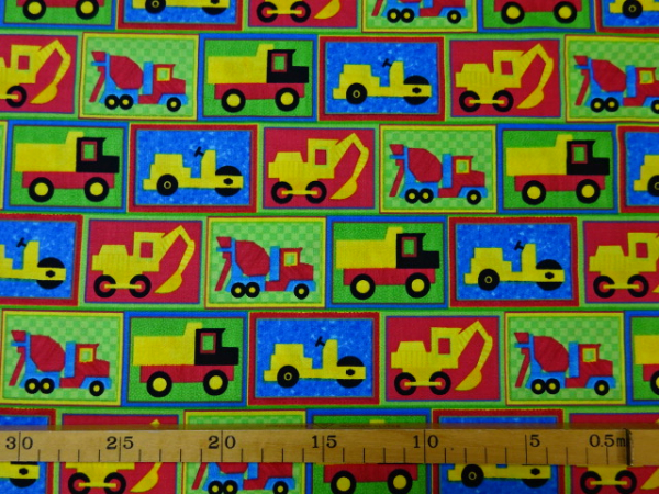 Patchworkstoff bunte Baumaschinen Bagger Betonmischer Walze Kipper 110cm breit