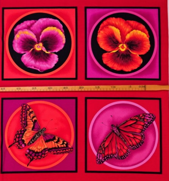 Patchworkstoff Schmetterlinge Blüten auf rot PANEL ca. 59cm