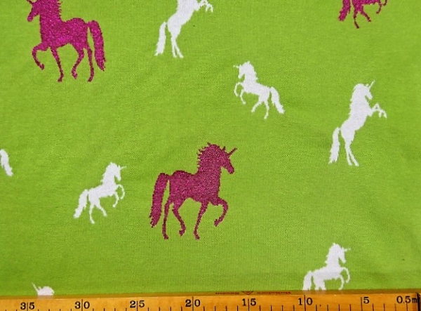 Baumwollstrick mit Lurex silberglitzernd auf grün Einhorn