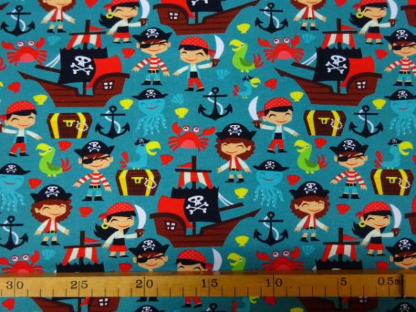 Jersey Digitaldruck Seeräuber Piratenschiff  auf grün Piraten 80cm x160 cm RESTSTÜCK